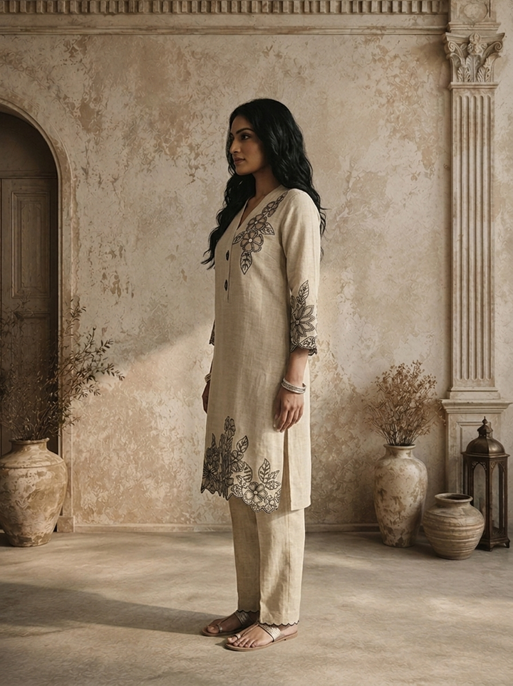 Beige Linen Floral Embroidered Two Piece Set
