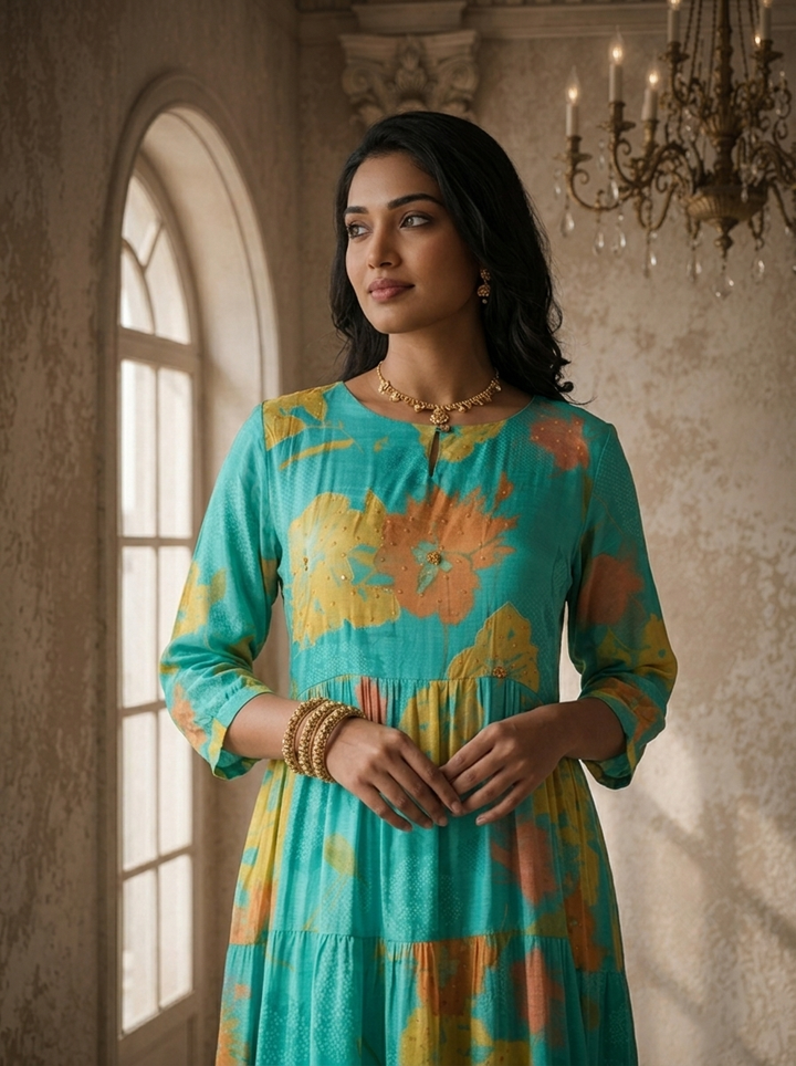 Ferozi Muslin Watercolor Floral Printed Dress