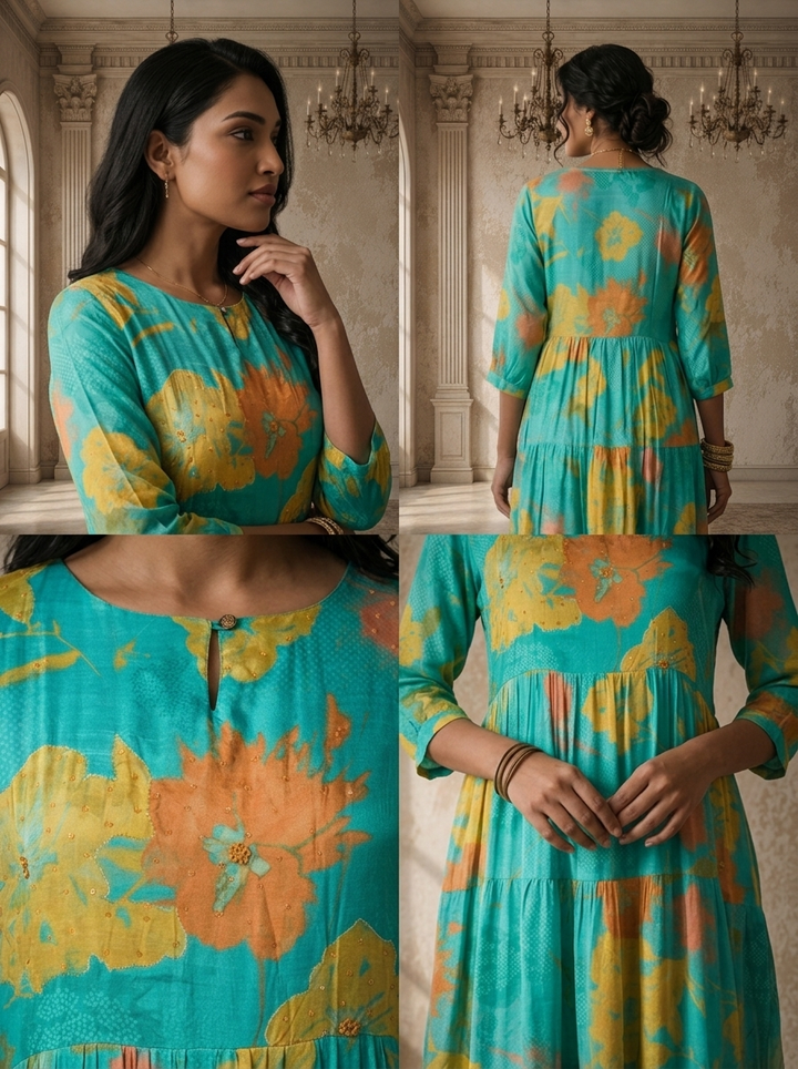 Ferozi Muslin Watercolor Floral Printed Dress
