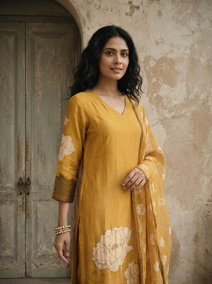 Mustard Silk Abstract Floral Printed Three Piece Set