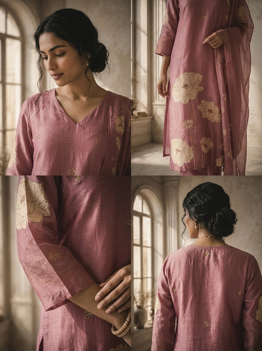 Onion Silk Abstract Floral Printed Three Piece Set