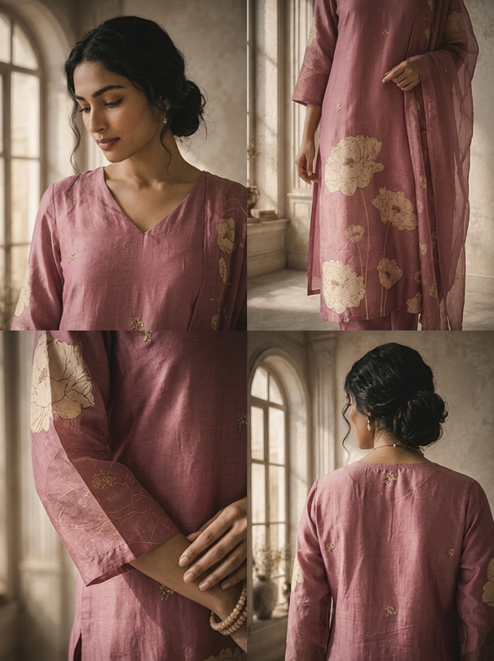 Onion Silk Abstract Floral Printed Three Piece Set