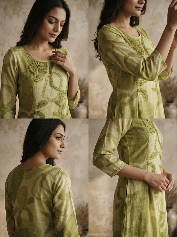 Pista Muslin Abstract Botanical And Geometric Printed Kurta