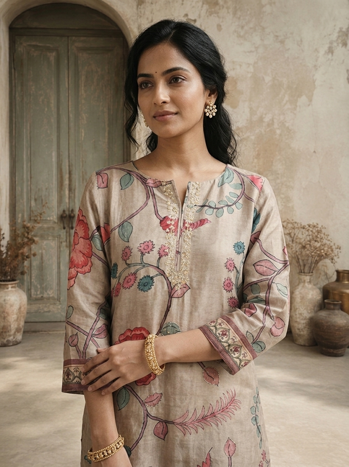 Beige Silk Botanical Vine Printed Kurta