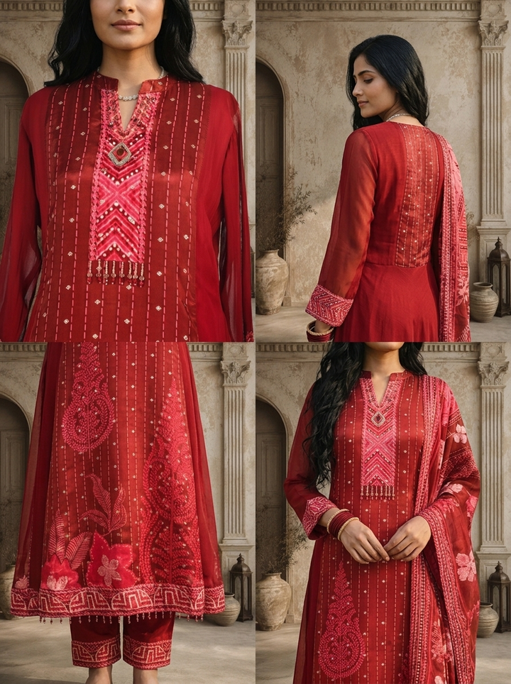 Maroon Georgette Geometric Printed Three Piece Set