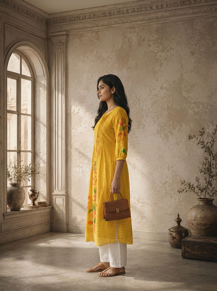 Mustard Silk Large Abstract Floral Panel Printed Kurta
