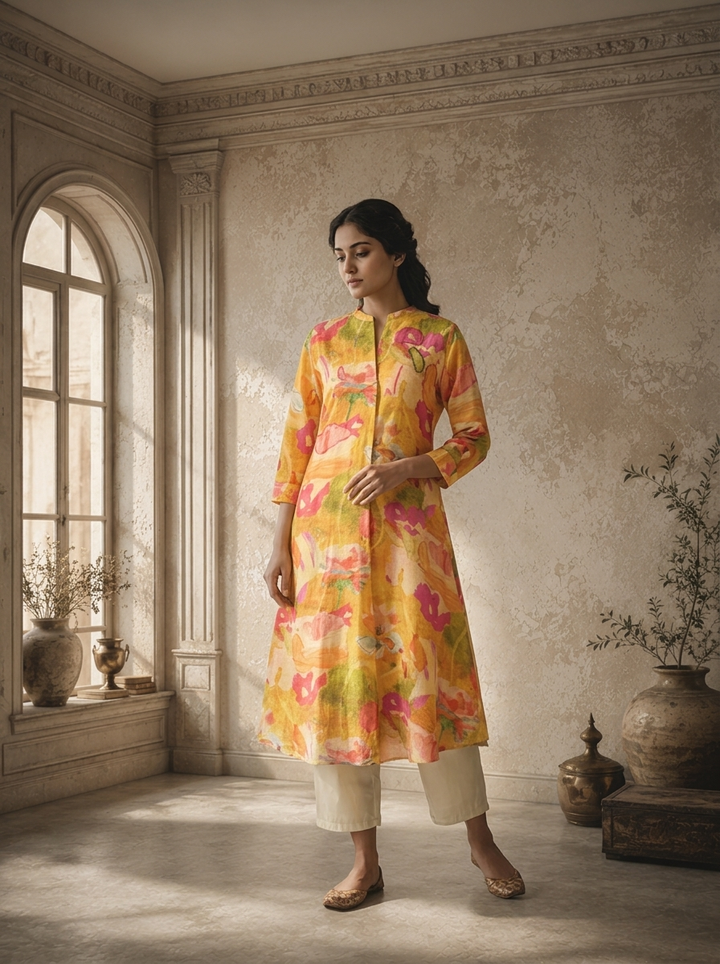 Mustard Rayon Multicolor Watercolor Printed Kurta