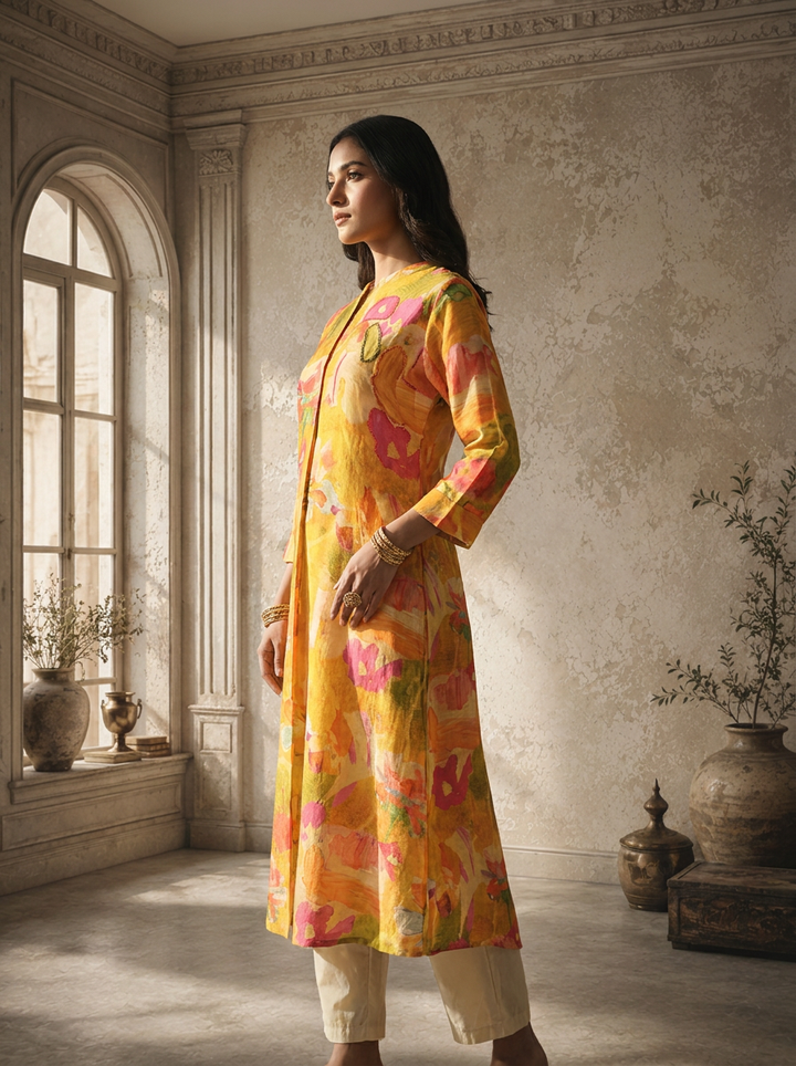 Mustard Rayon Multicolor Watercolor Printed Kurta