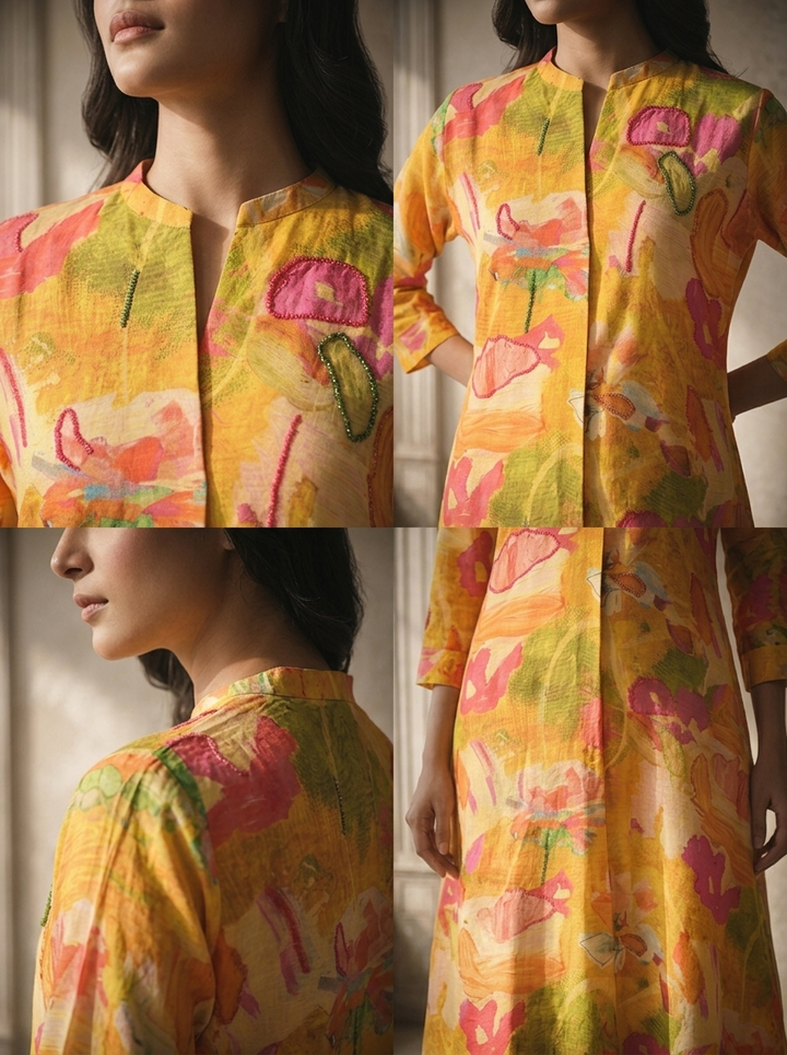 Mustard Rayon Multicolor Watercolor Printed Kurta