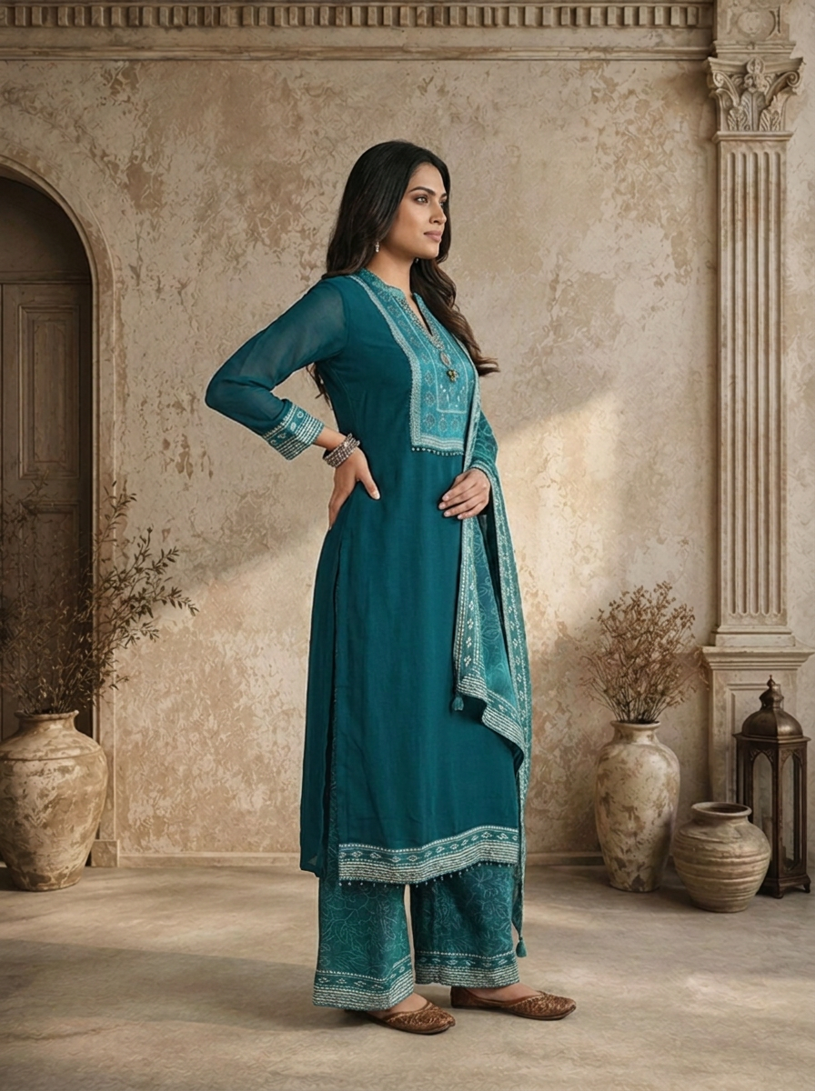 Rama Green Georgette Solid With Geometric Printed Three Piece Set