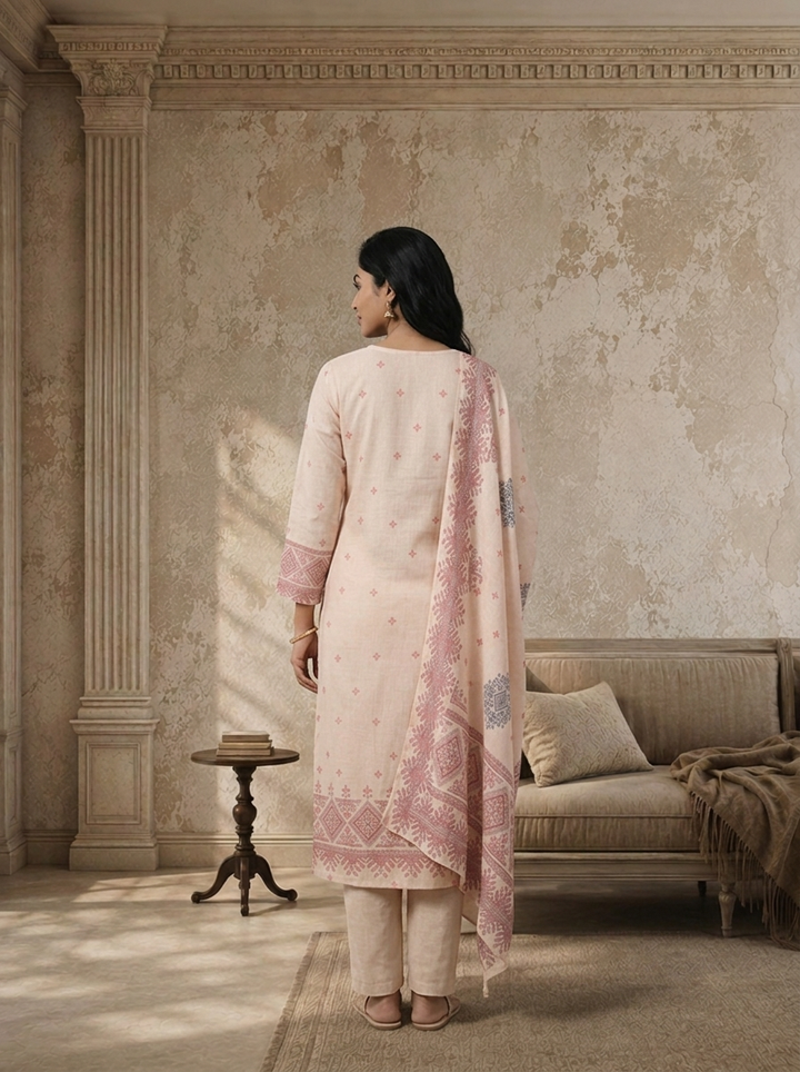 Baby Pink Linen Tribal Diamond Printed Three Piece Set