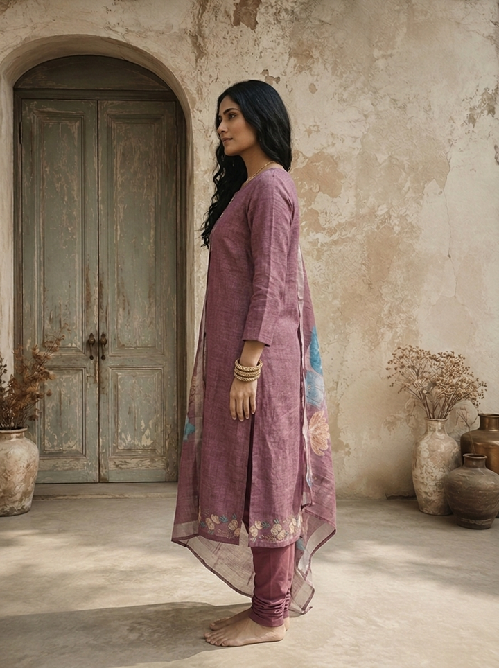 Onion Linen Solid With Floral Printed Three Piece Set