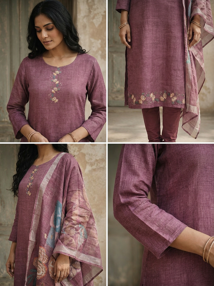 Onion Linen Solid With Floral Printed Three Piece Set