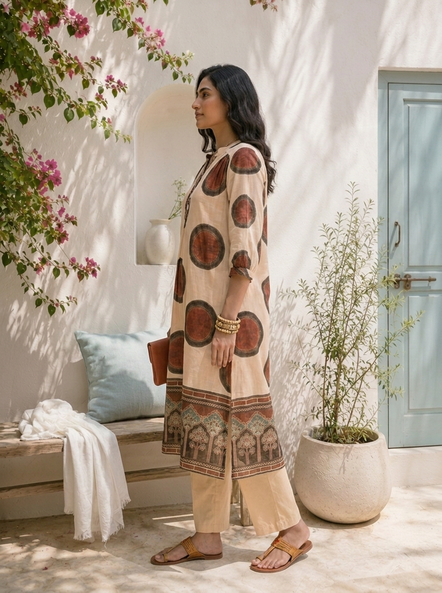 Beige Cotton Circular Motif Printed Two Piece Set