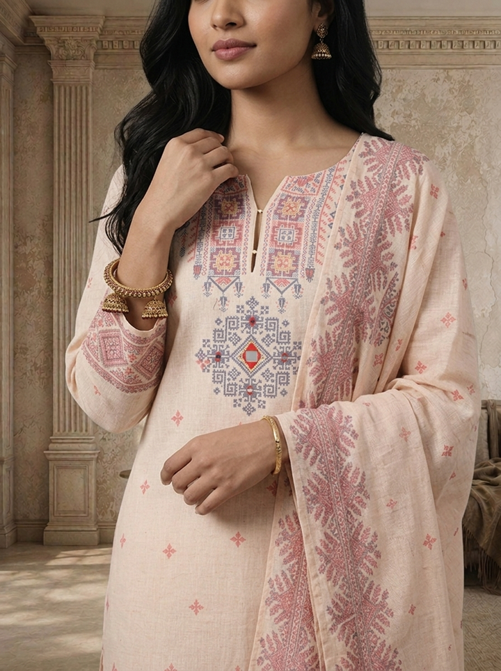 Baby Pink Linen Tribal Diamond Printed Three Piece Set