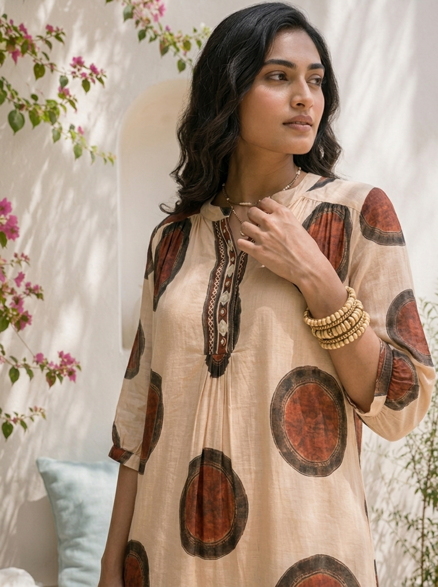 Beige Cotton Circular Motif Printed Two Piece Set