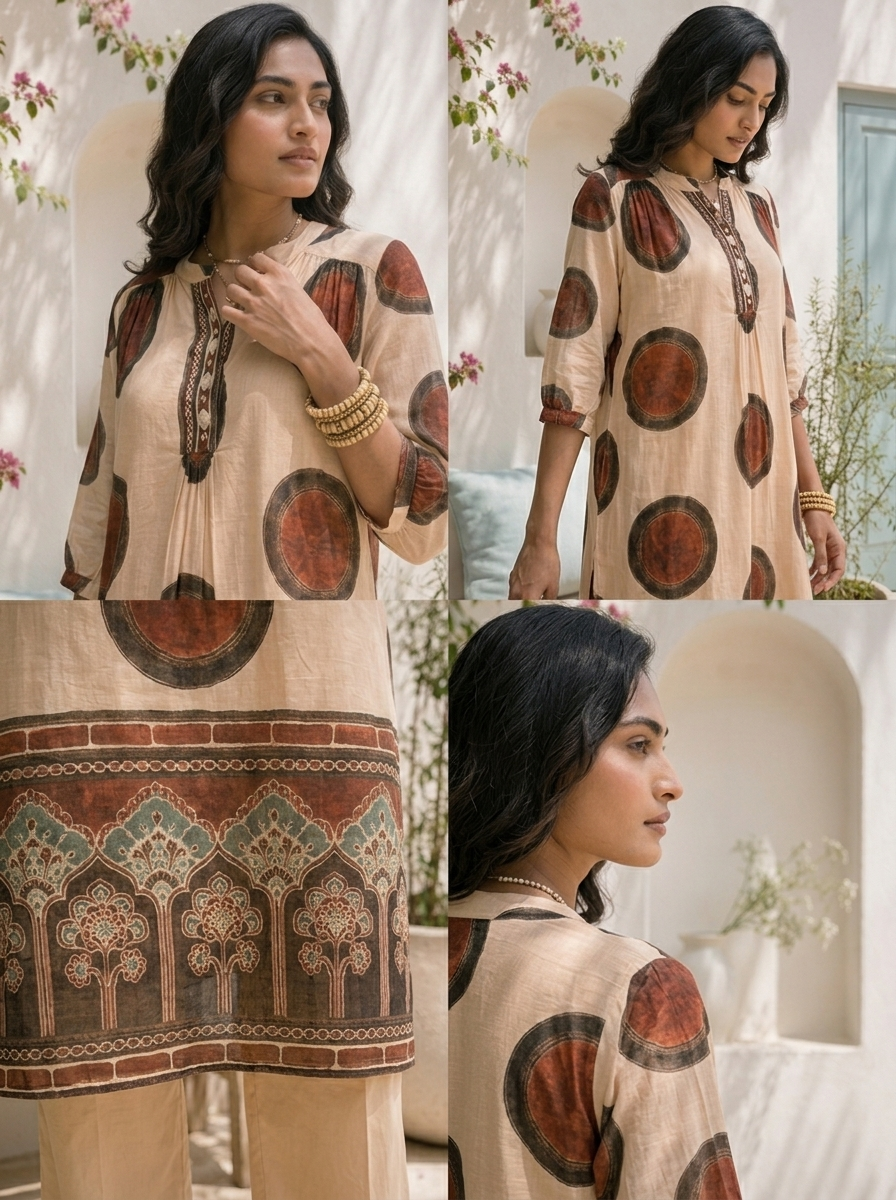 Beige Cotton Circular Motif Printed Two Piece Set