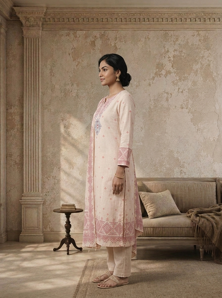 Baby Pink Linen Tribal Diamond Printed Three Piece Set