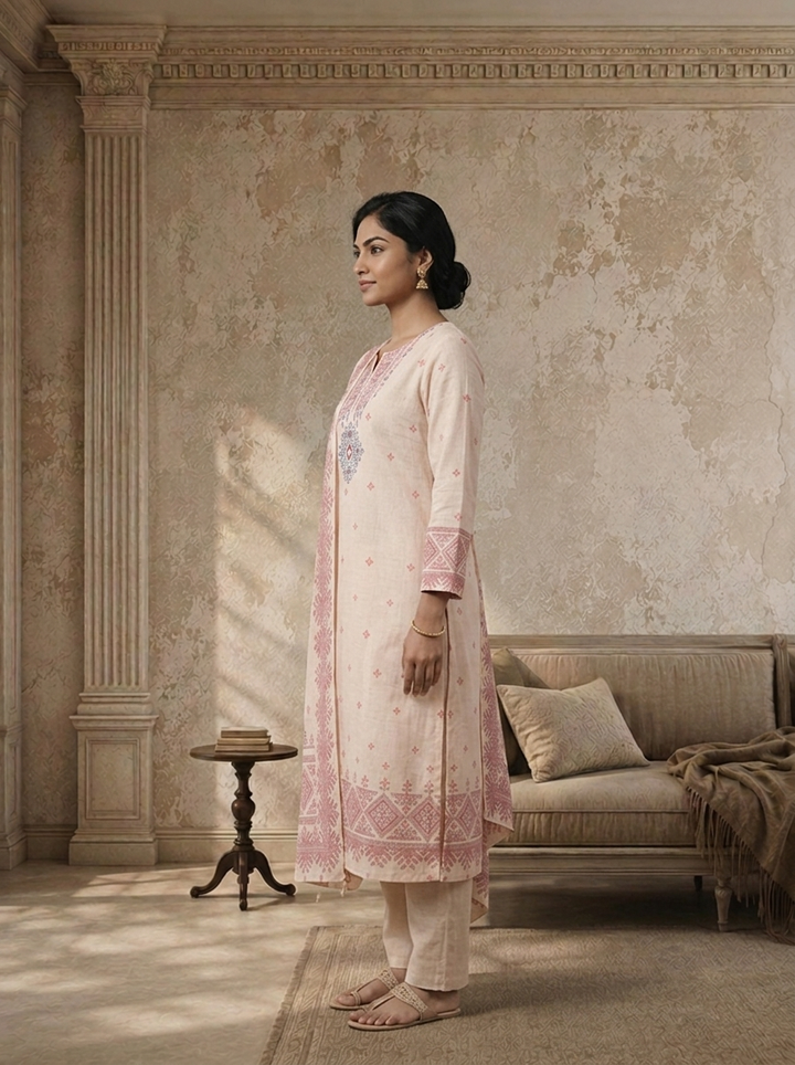 Baby Pink Linen Tribal Diamond Printed Three Piece Set