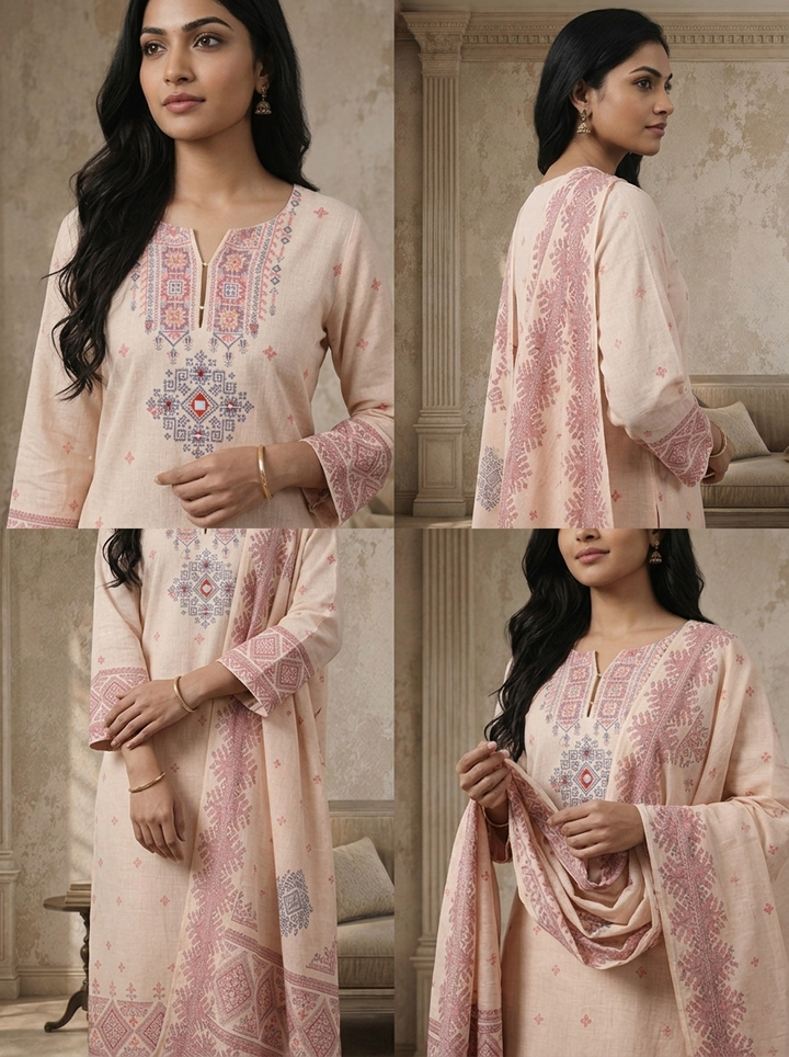 Baby Pink Linen Tribal Diamond Printed Three Piece Set