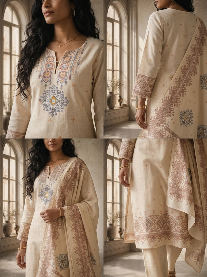 Off White Linen Tribal Diamond Printed Three Piece Set
