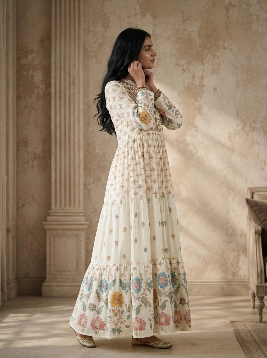 White Rayon Multicolor Chintz Floral Printed Long Dress