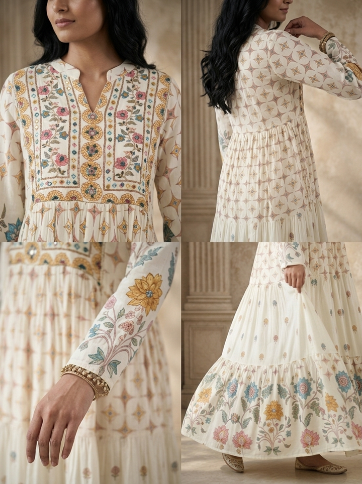 White Rayon Multicolor Chintz Floral Printed Long Dress