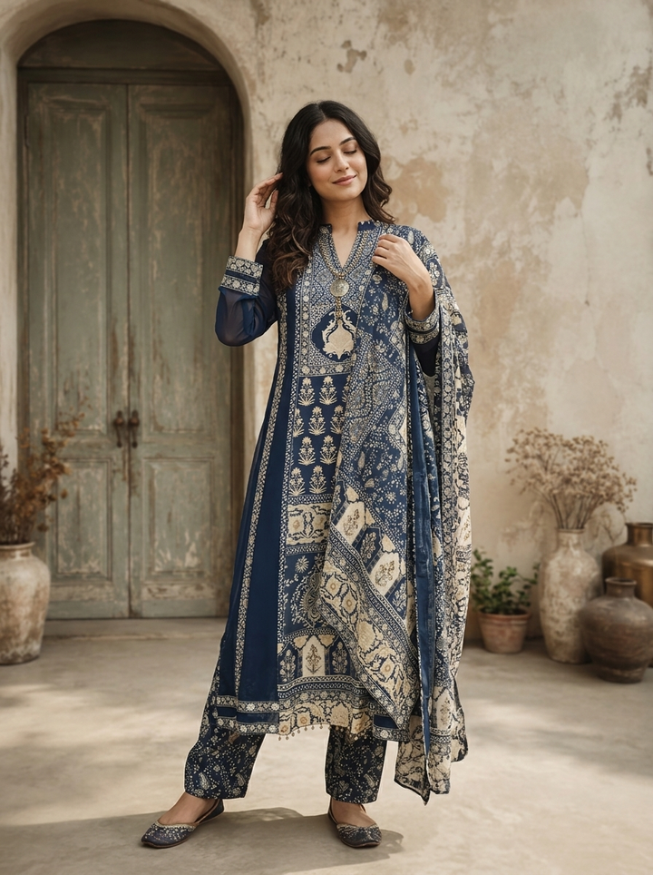 Navy Blue Georgette Ethnic Motif Printed Three Piece Set