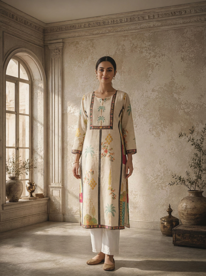 Off White Cotton Scenic Landscape Printed Kurta