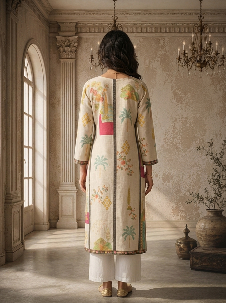 Off White Cotton Scenic Landscape Printed Kurta