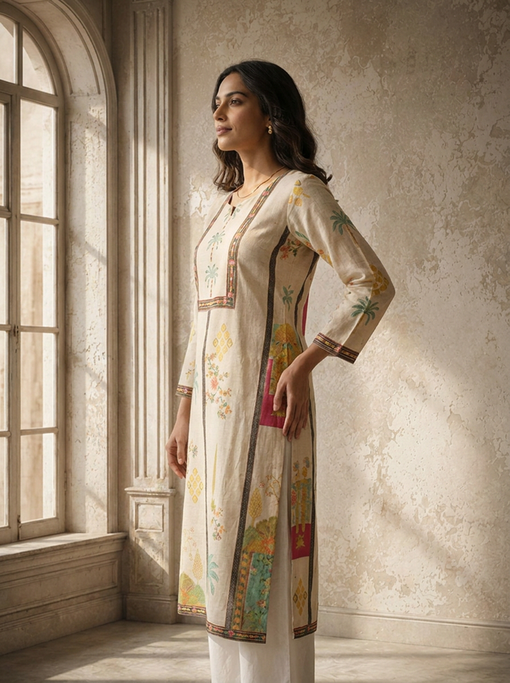 Off White Cotton Scenic Landscape Printed Kurta