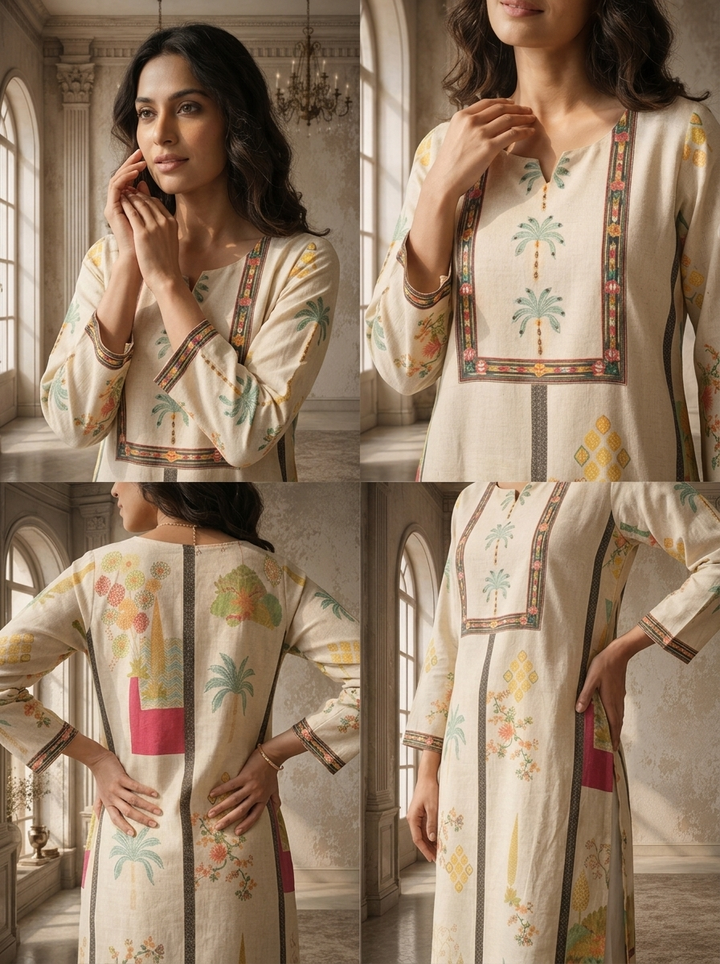 Off White Cotton Scenic Landscape Printed Kurta