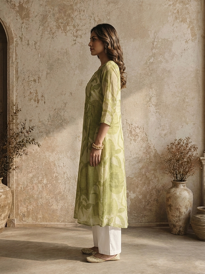 Pista Muslin Abstract Botanical And Geometric Printed Kurta