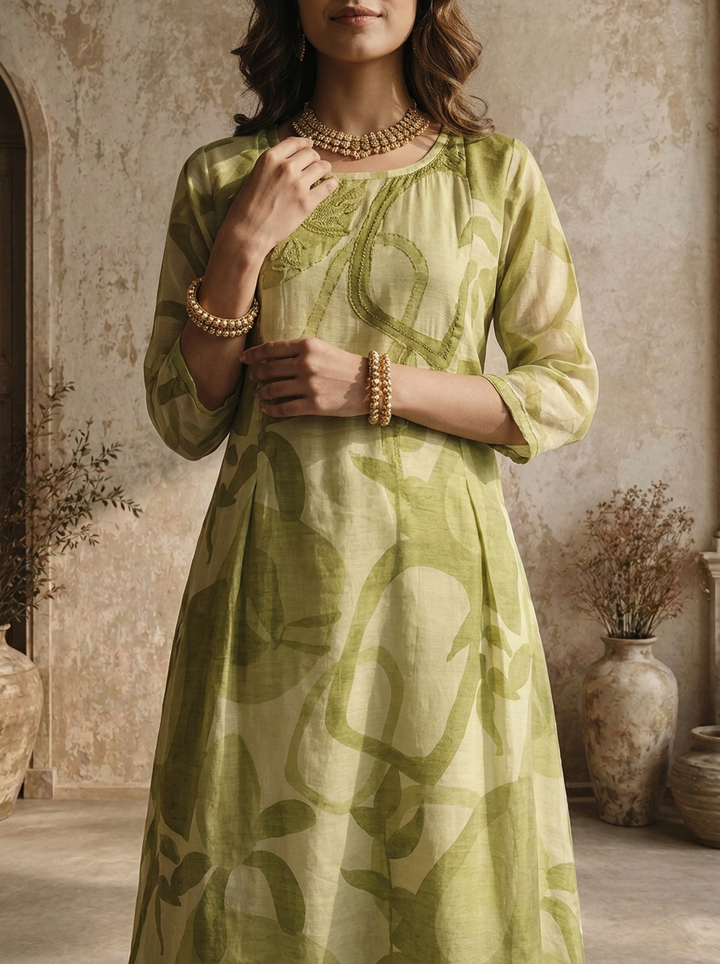 Pista Muslin Abstract Botanical And Geometric Printed Kurta