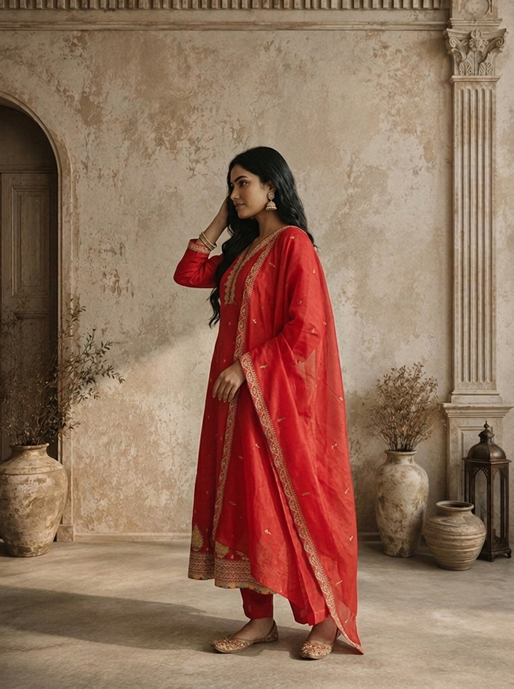 Magenta Silk Zari Boota Embroidered Three Piece Set