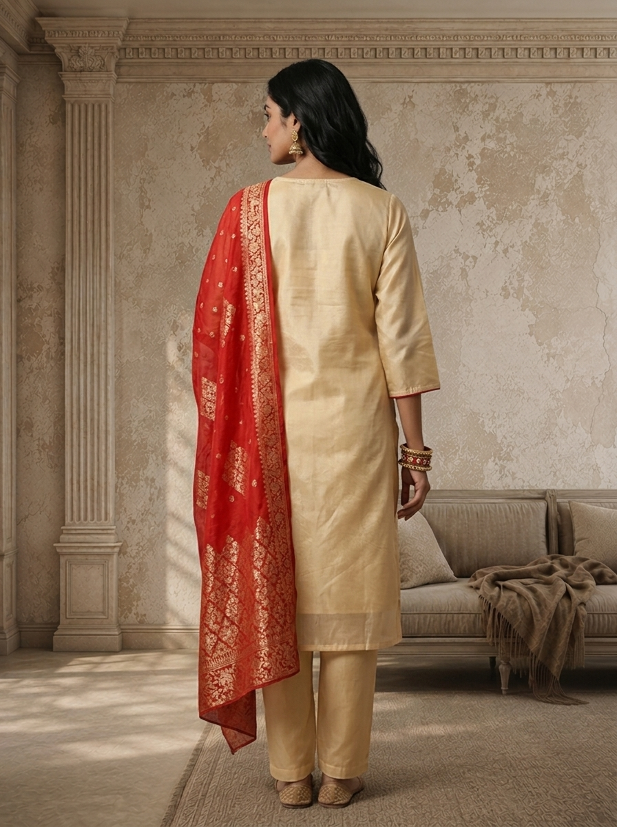 Red Tissue  Floral Boota Embroidered Three Piece Set