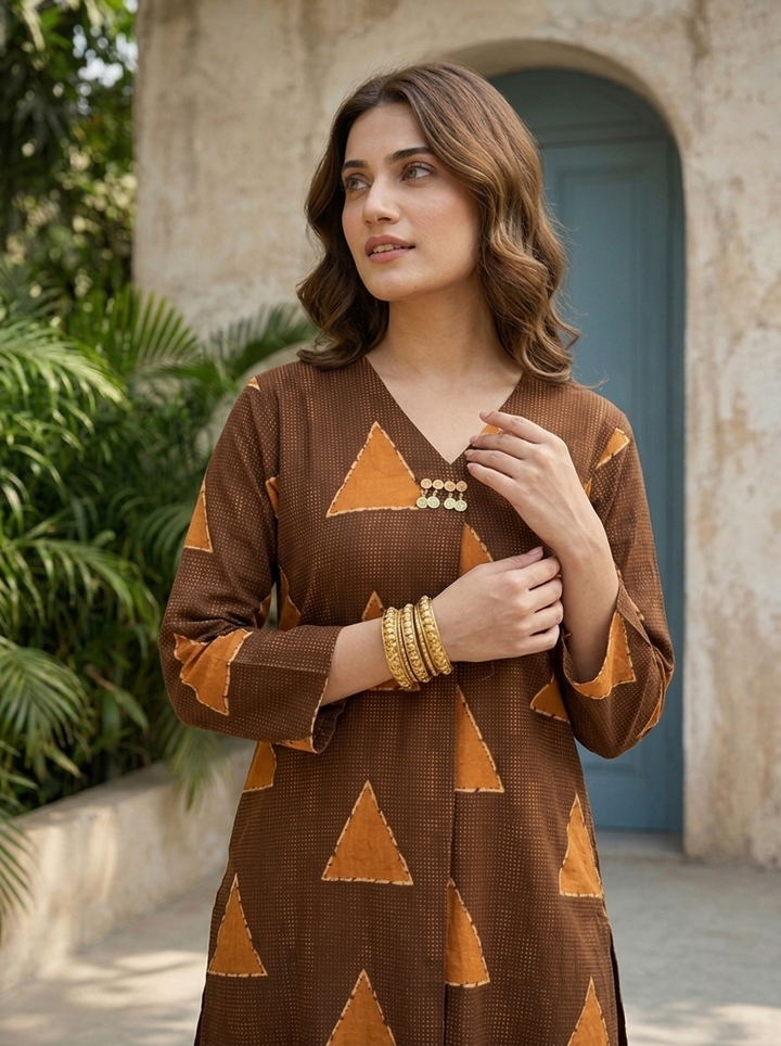Brown Cotton Triangle Jaal Printed Two Piece Set