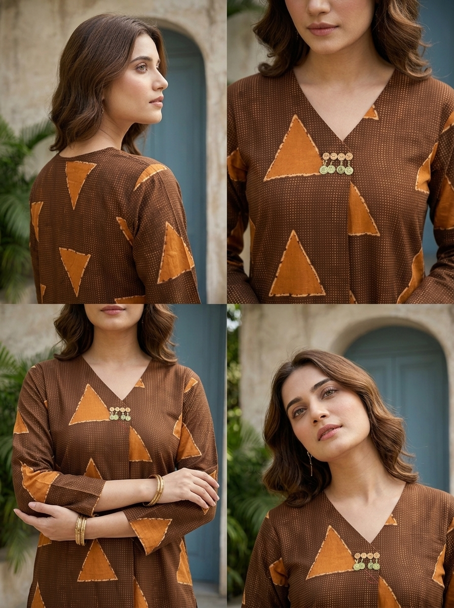 Brown Cotton Triangle Jaal Printed Two Piece Set