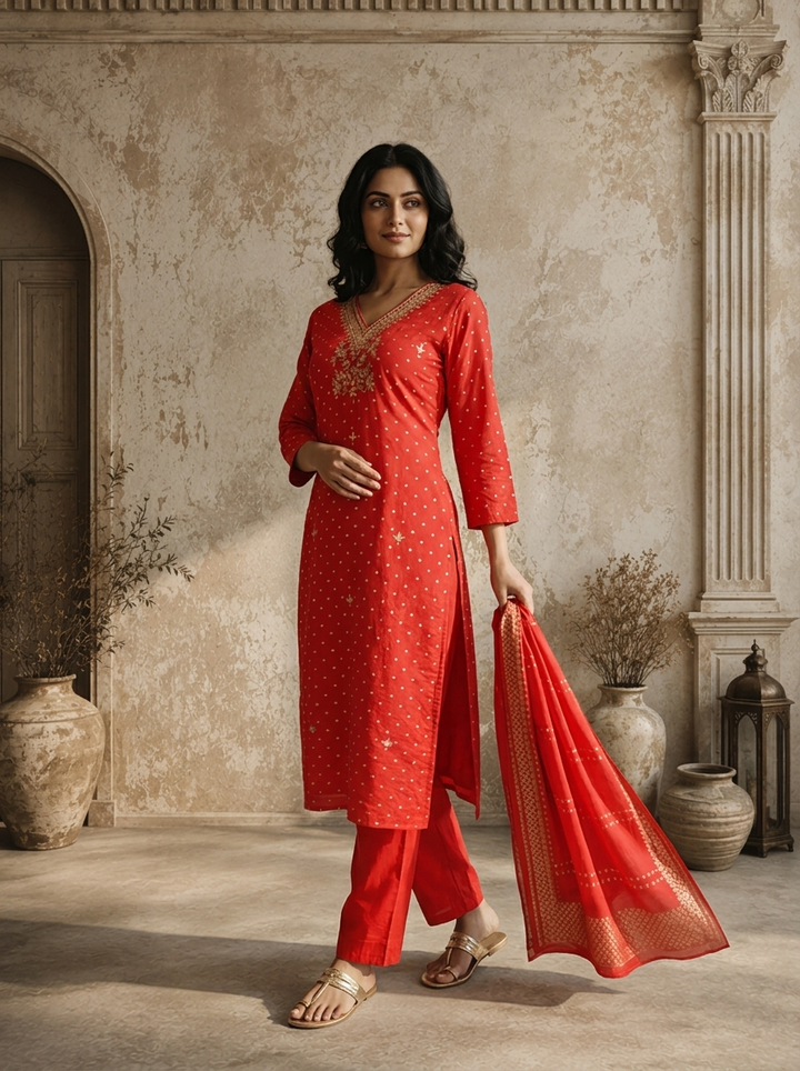 Red Silk Dot Jaal Printed Three Piece Set
