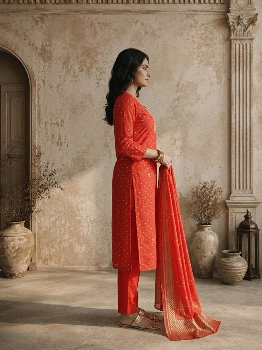 Red Silk Dot Jaal Printed Three Piece Set