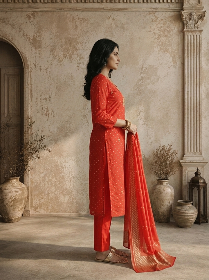 Red Silk Dot Jaal Printed Three Piece Set