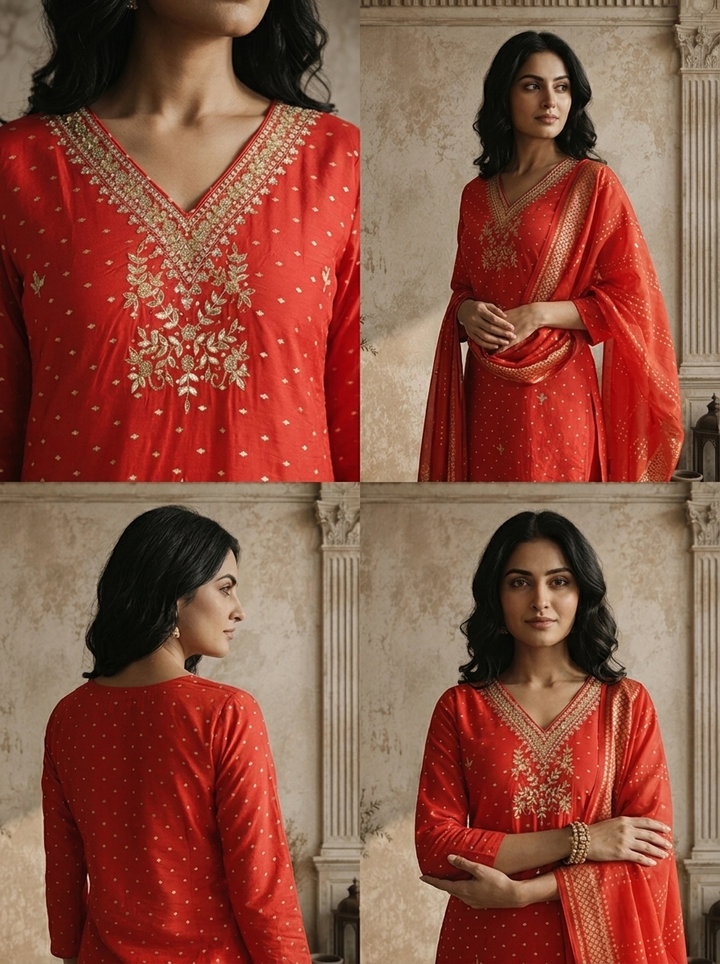 Red Silk Dot Jaal Printed Three Piece Set