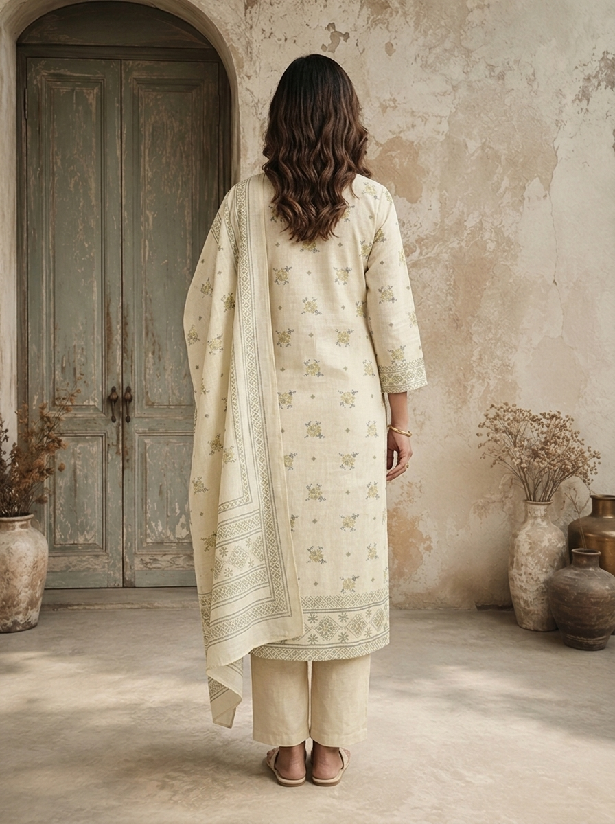 Cream Linen Floral Booti With Cross-Stitch Jaal Printed Three Piece Set