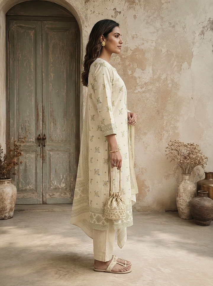 Cream Linen Floral Booti With Cross-Stitch Jaal Printed Three Piece Set