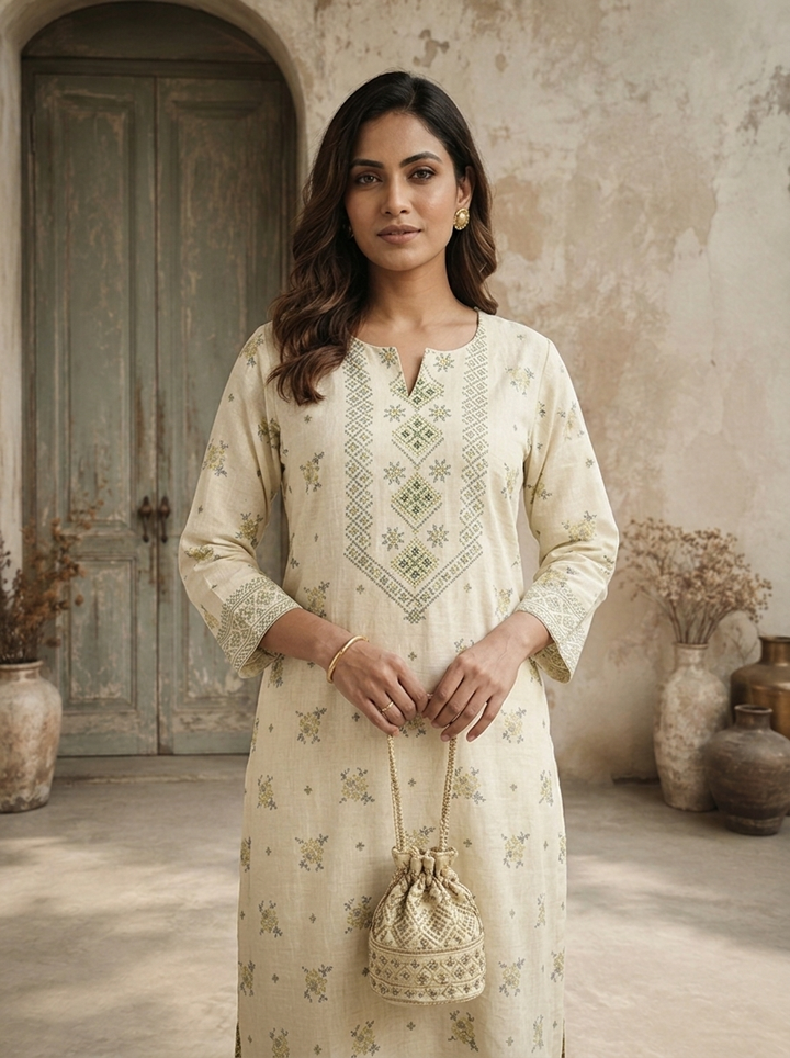 Cream Linen Floral Booti With Cross-Stitch Jaal Printed Three Piece Set