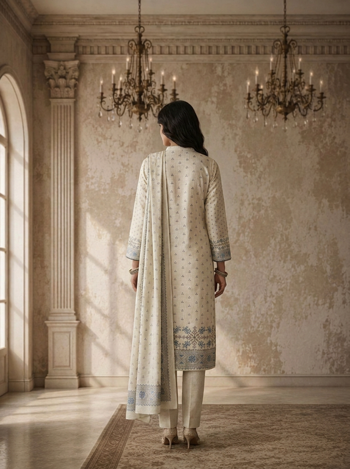 Off White Linen Cross-Stitch Floral Printed Three Piece Set