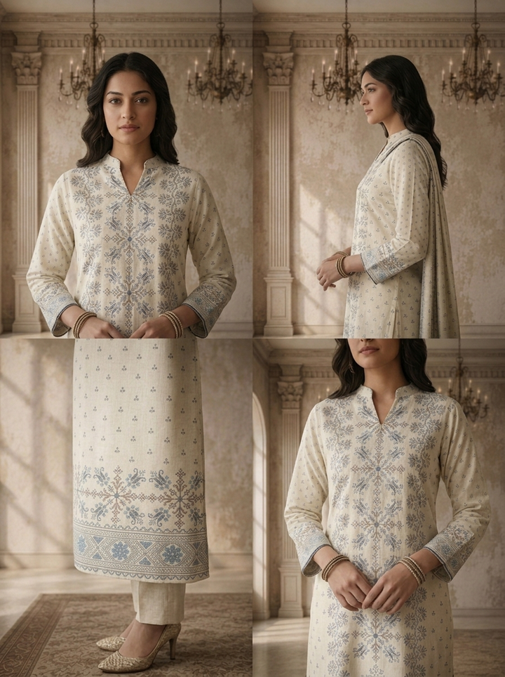 Off White Linen Cross-Stitch Floral Printed Three Piece Set