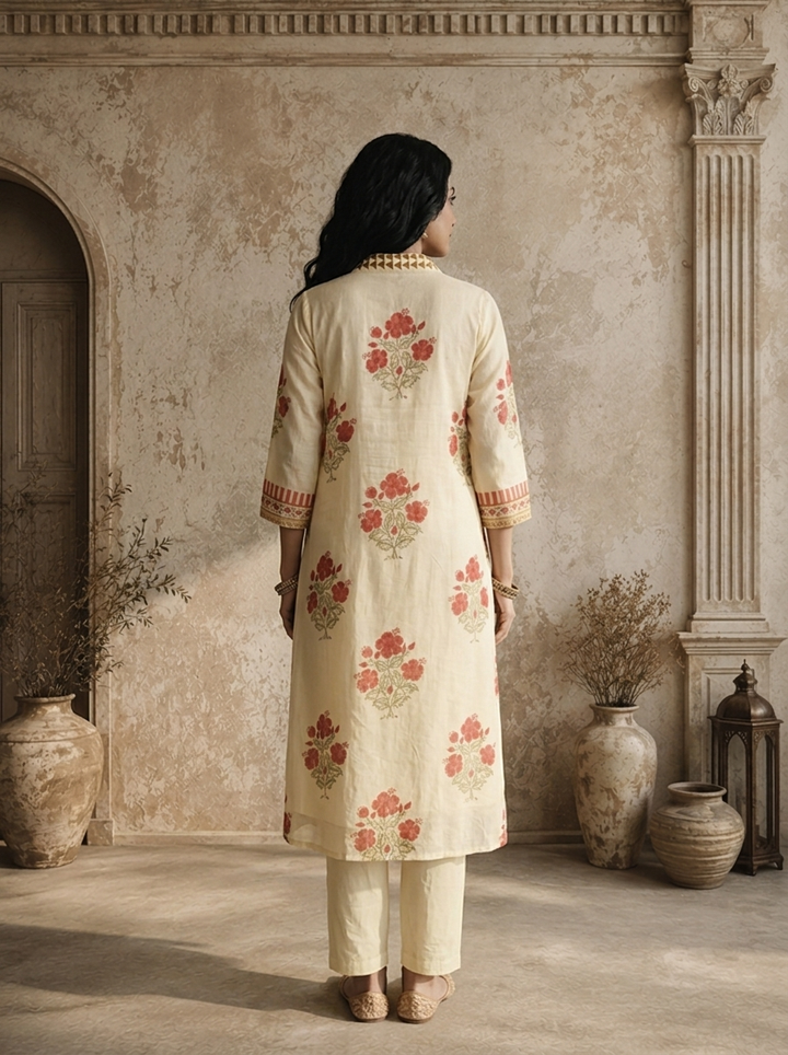 Mustard Cotton Floral Jaal Panel Printed Two Piece Set