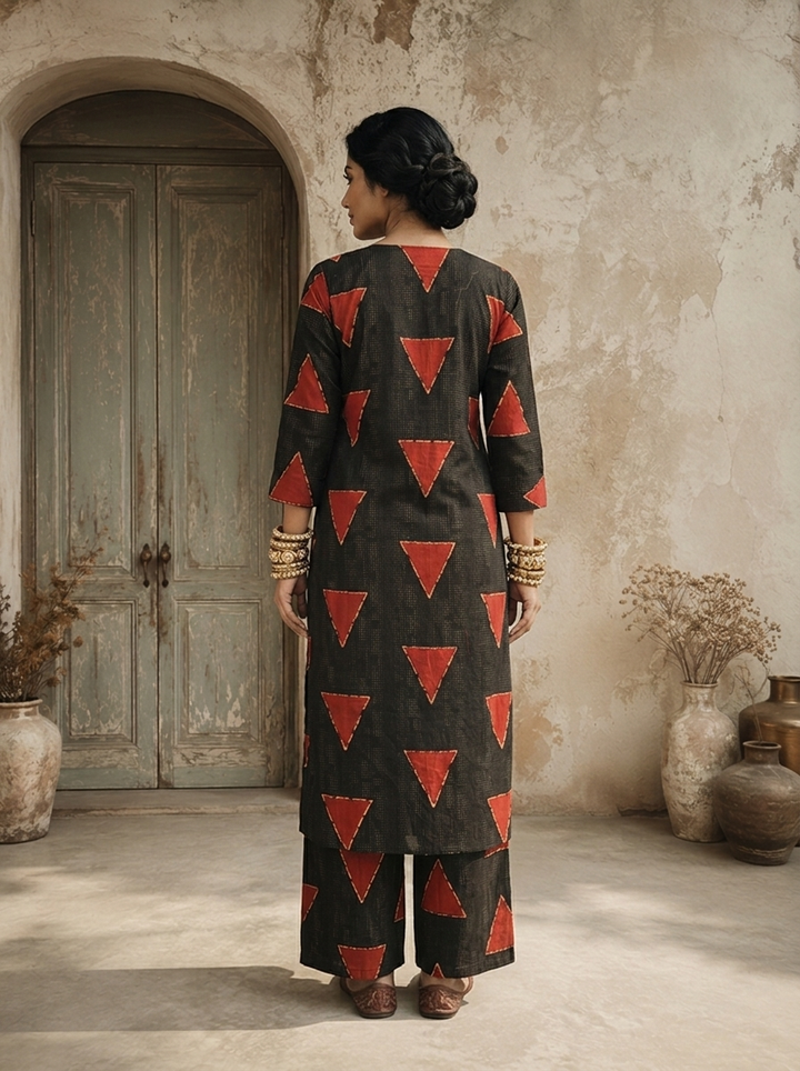 Black Cotton Triangle Jaal Printed Two Piece Set