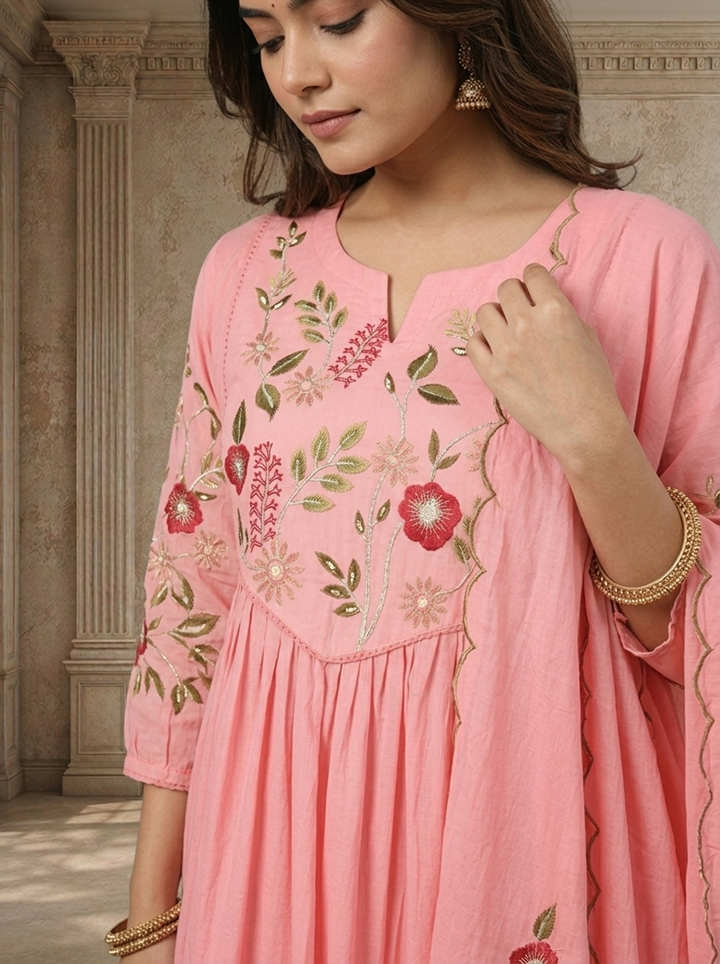 Rose Pink Cotton Floral Embroidered Three Piece Set